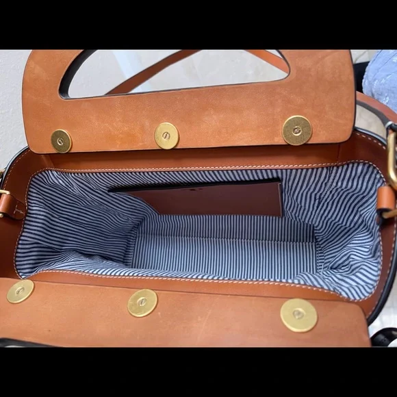 TORY BURCH COLORFUL NEEDLEPOINT & BROWN SUEDE BERMUDA HANDBAG DETACHABLE STRAP - Picture 13 of 16